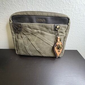 Chala spiderweb with spider tag distressed olive bronze messenger bag RARE. PO
